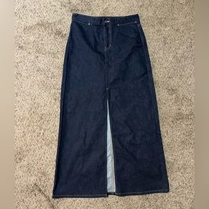 Long, dark denim skirt